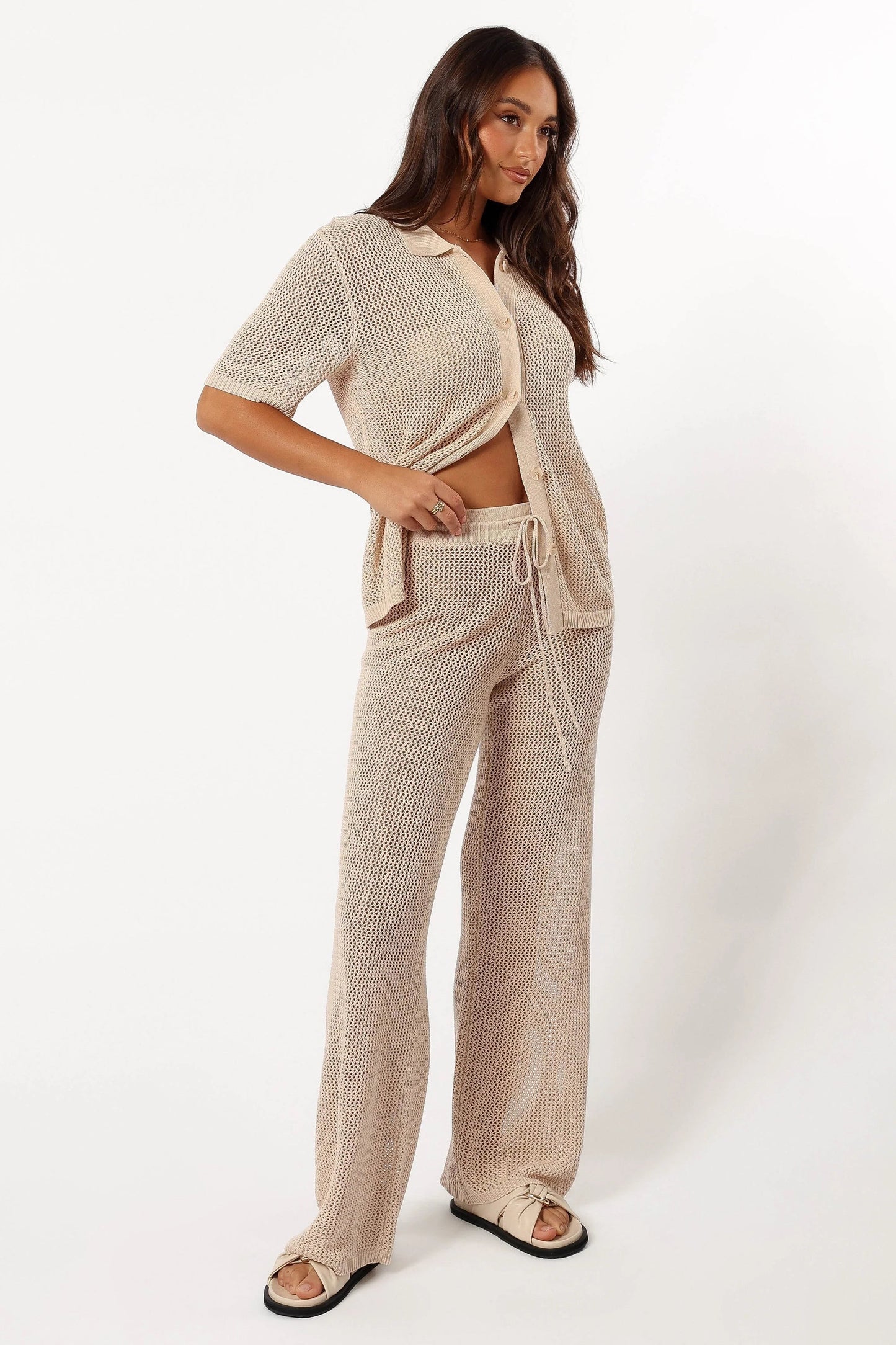Crochet-Detail High-Waist Wide-Leg Pants