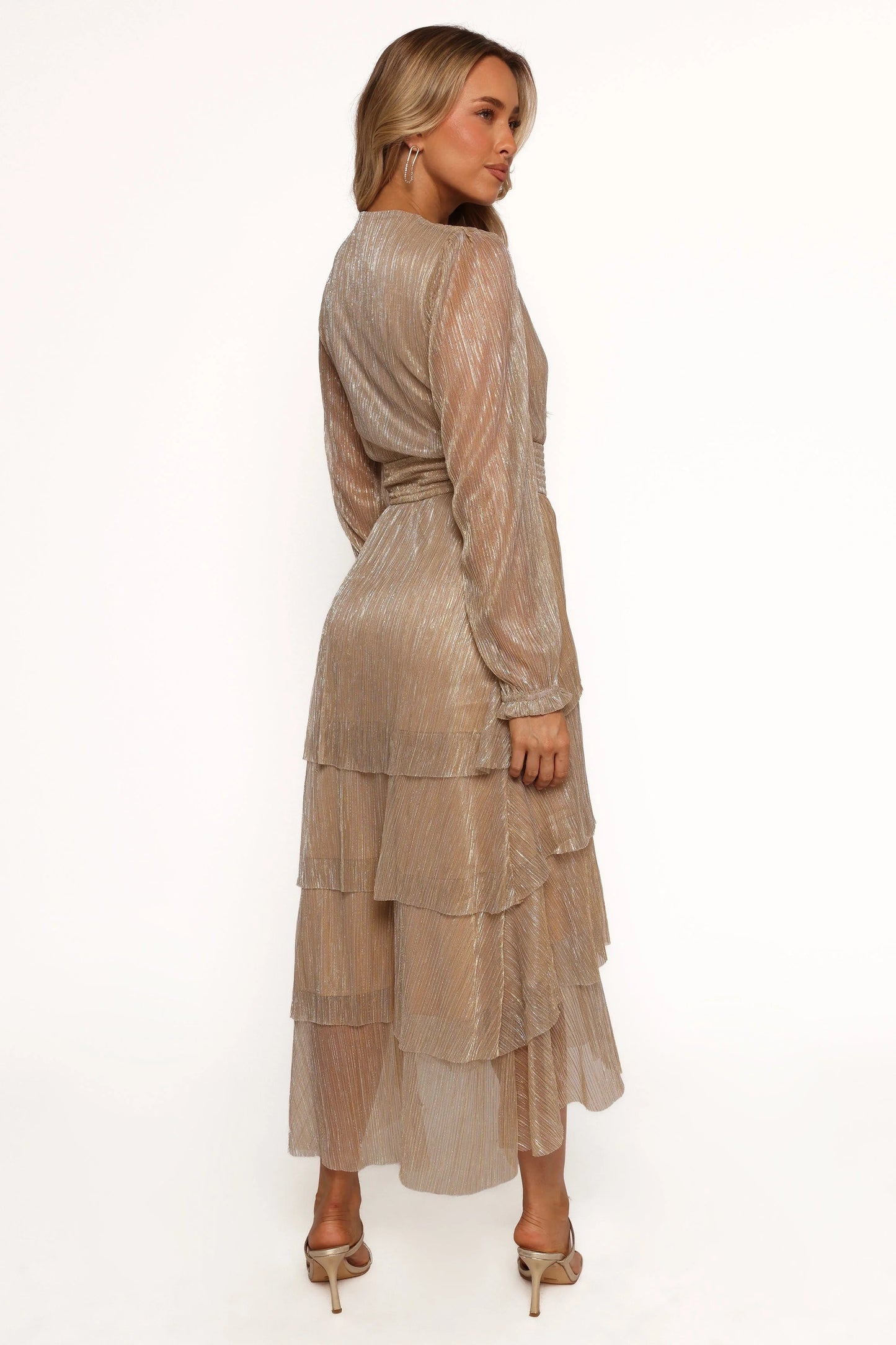 Metallic Plissé Tiered Midi Dress