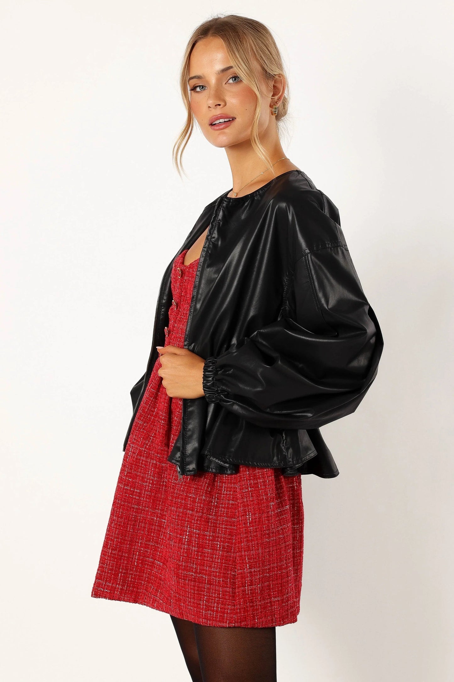 Puff-Sleeve Faux Leather Peplum Jacket