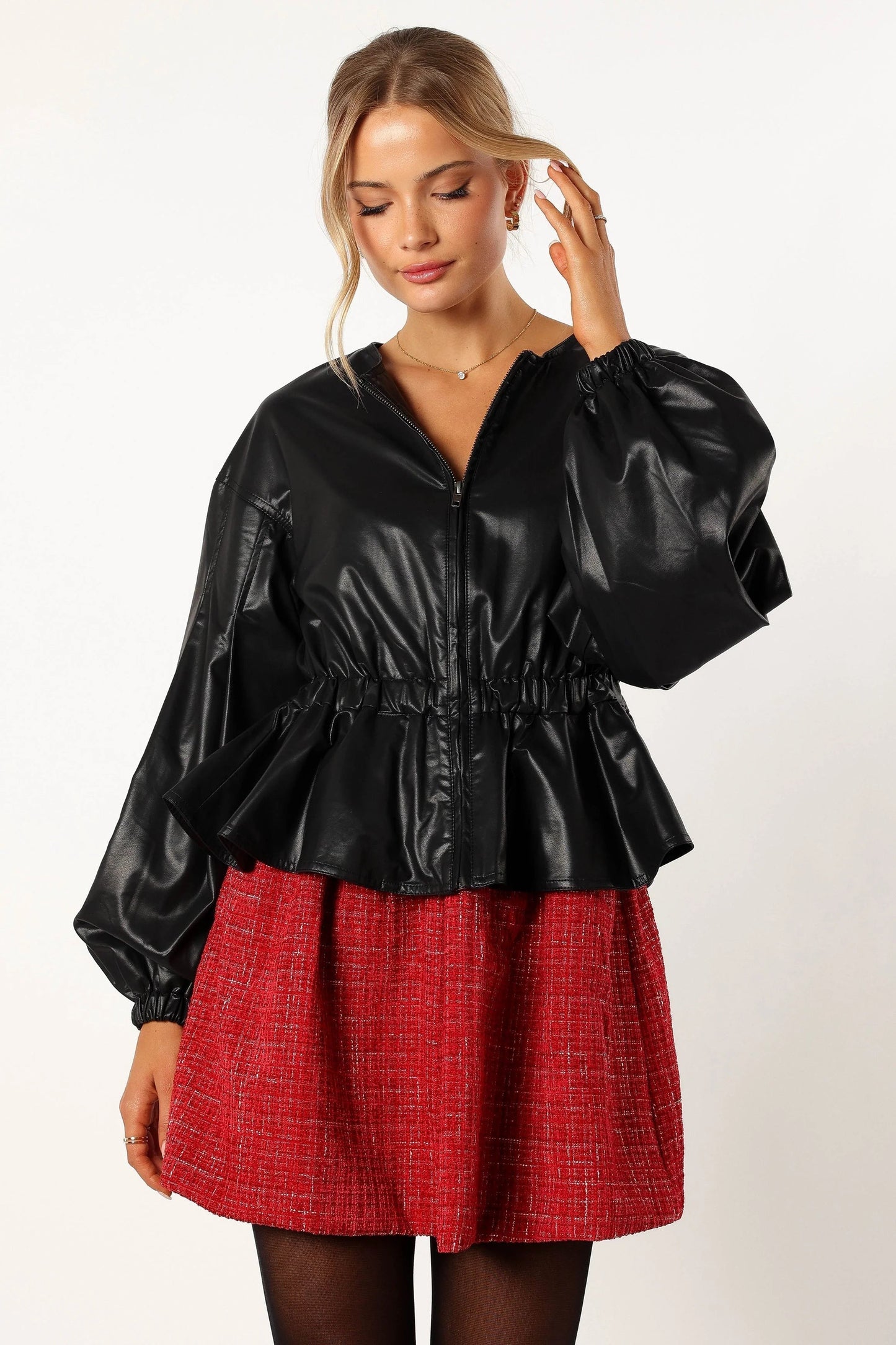 Puff-Sleeve Faux Leather Peplum Jacket