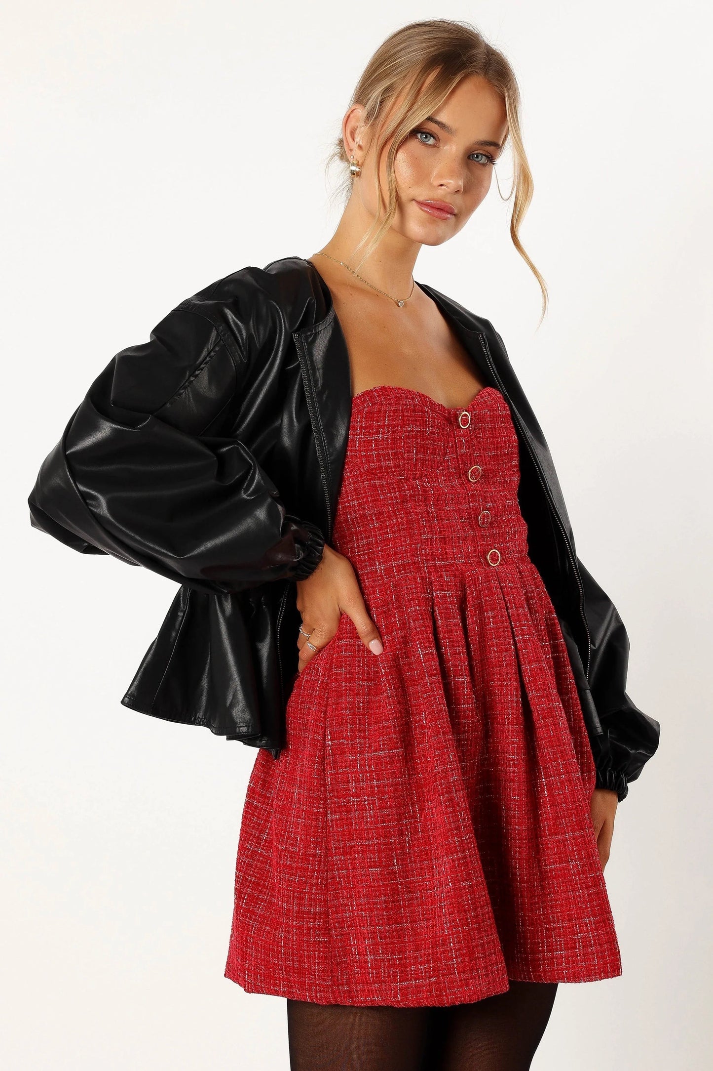 Puff-Sleeve Faux Leather Peplum Jacket