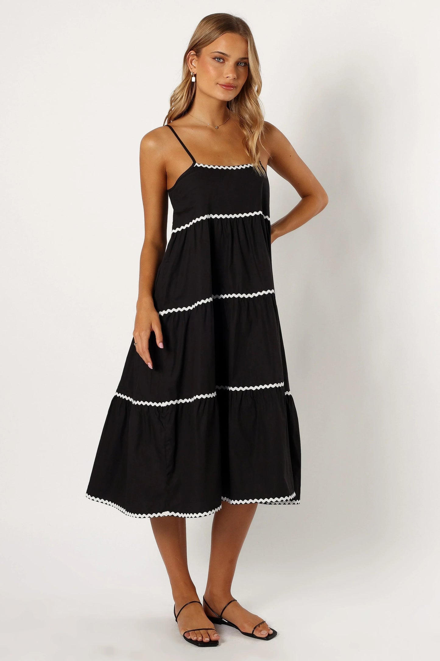 Ric-Rac Trim Pull-On Cotton Midi Dress