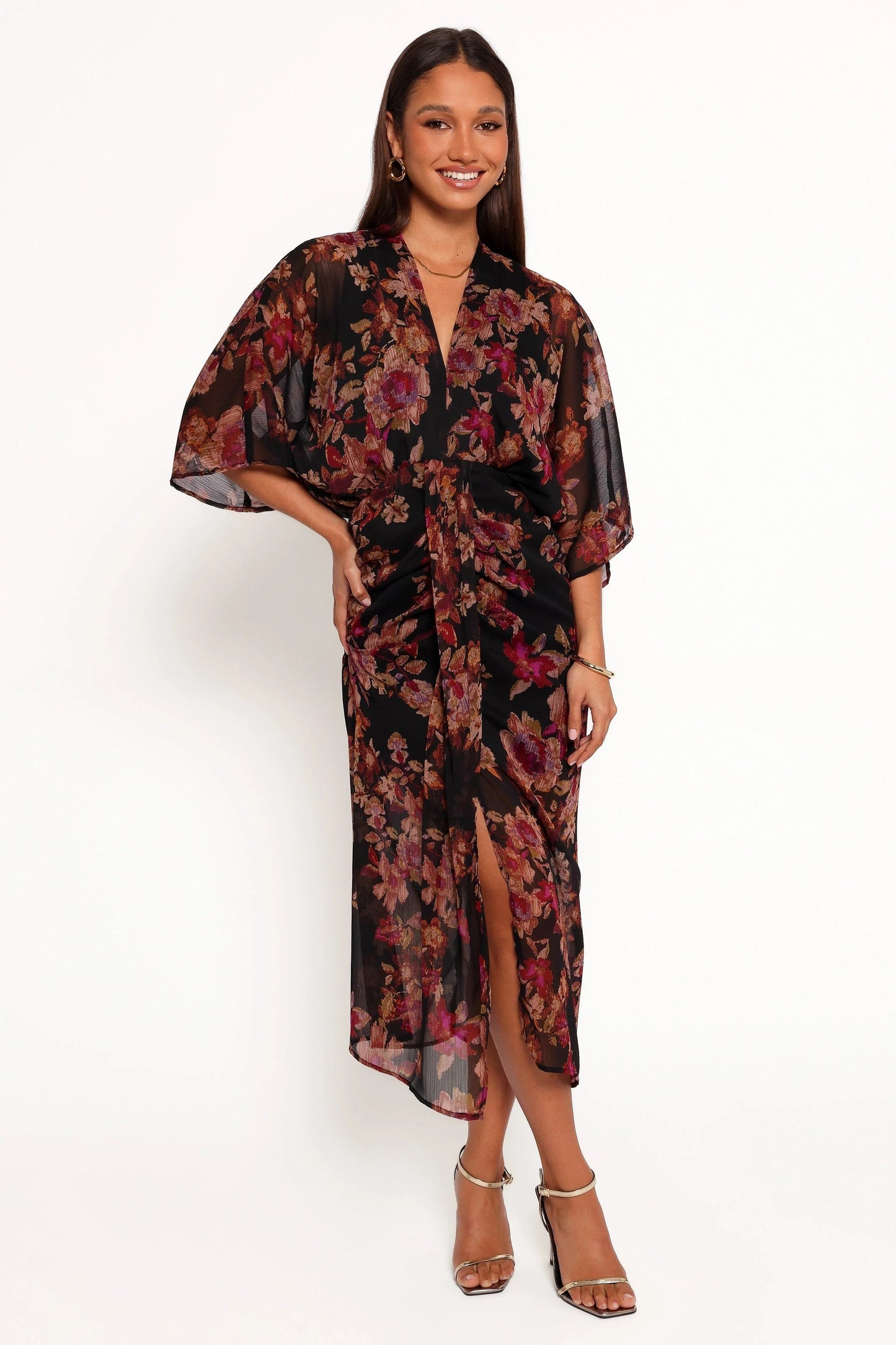 Audrina Sheer-Sleeve V-Neck Maxi Dress