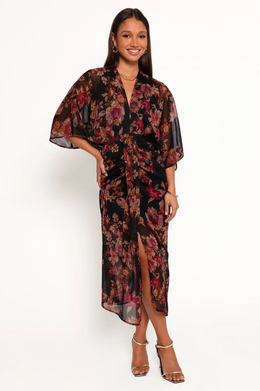 Audrina Sheer-Sleeve V-Neck Maxi Dress