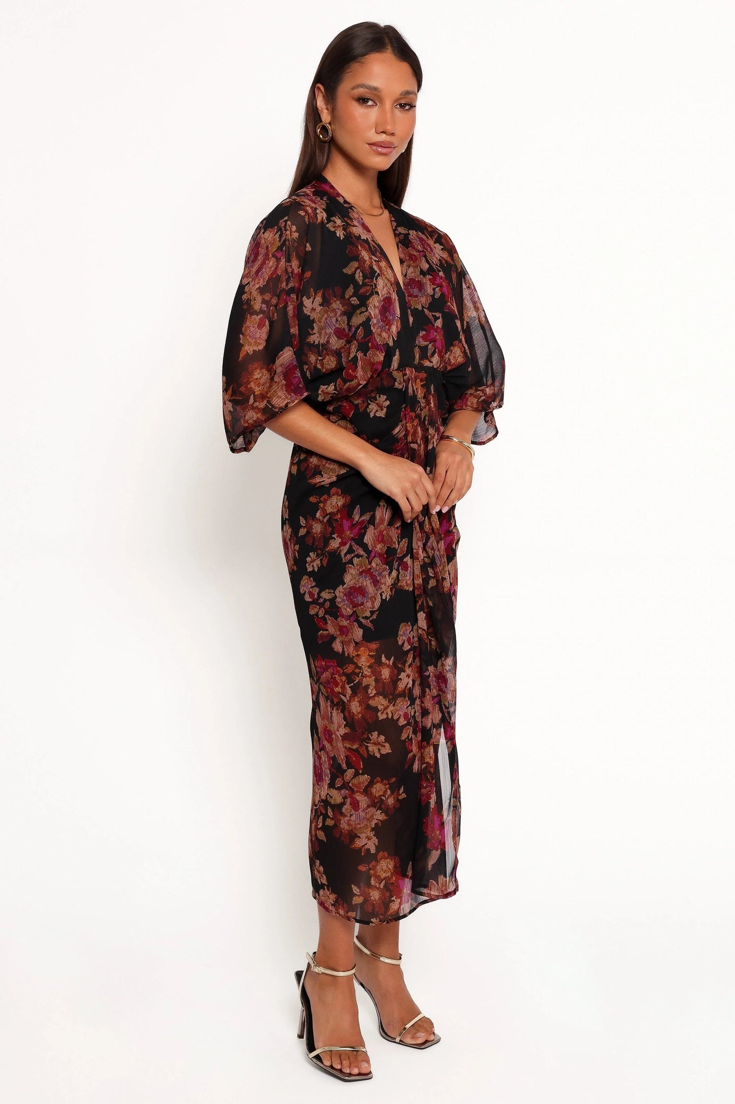 Audrina Sheer-Sleeve V-Neck Maxi Dress