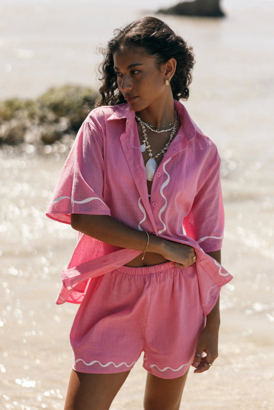 Collared Top & High-Waist Shorts Set