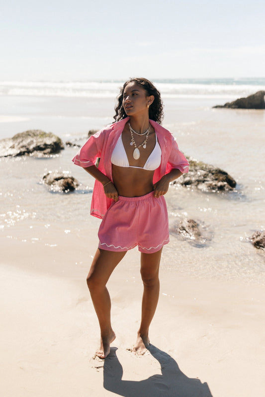 Collared Top & High-Waist Shorts Set