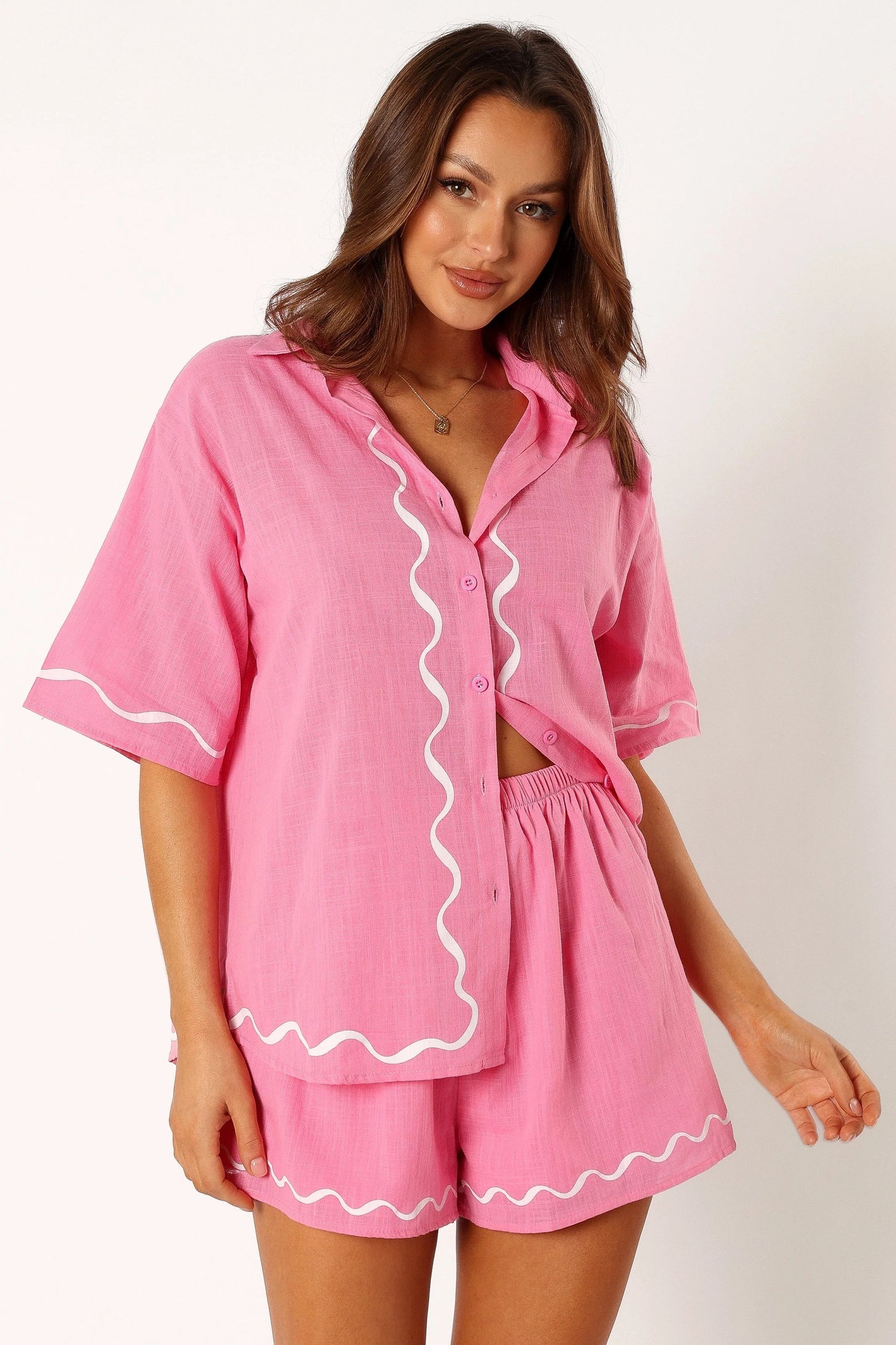 Collared Top & High-Waist Shorts Set