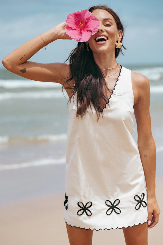 Contrast-Trim Embroidered Mini Dress