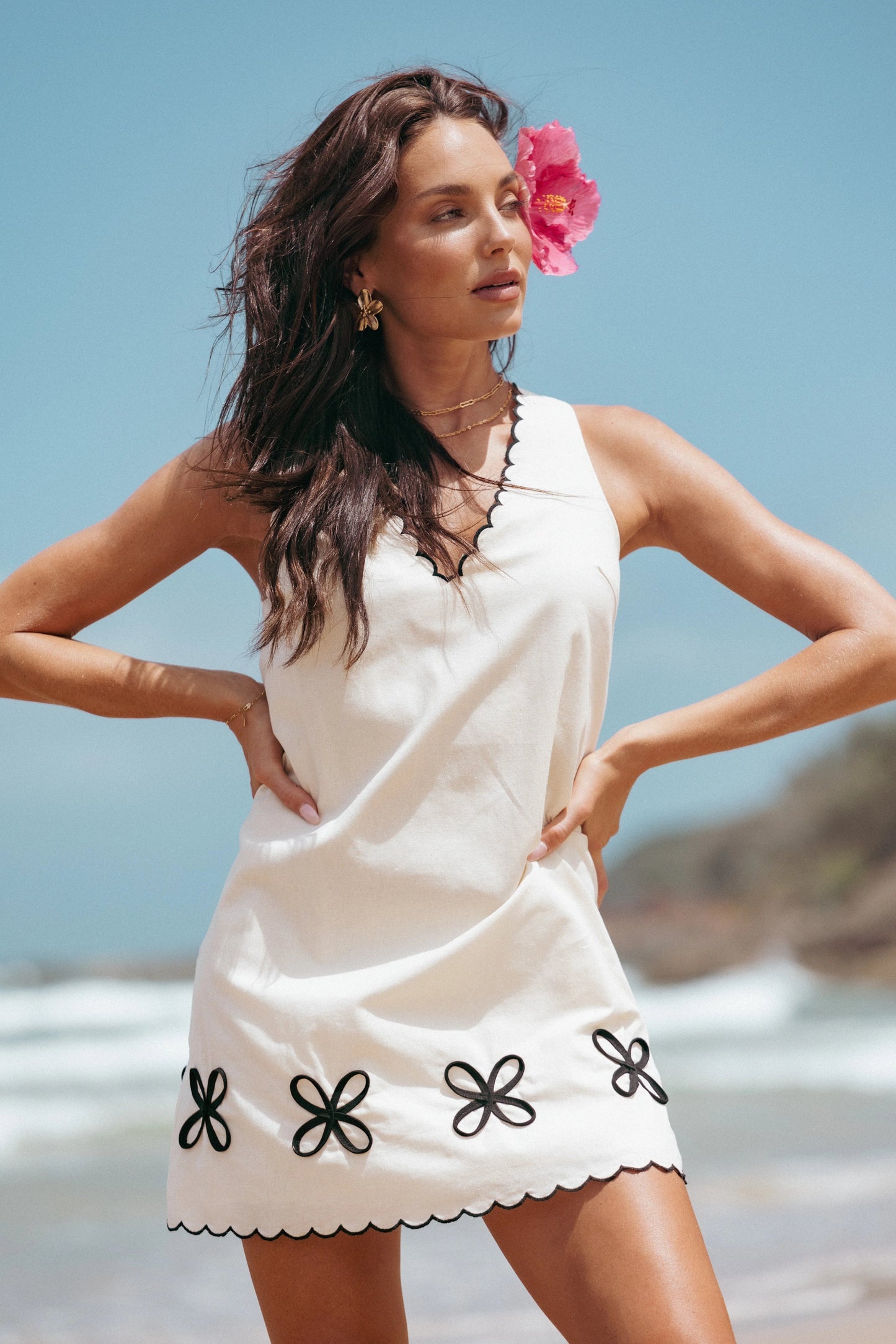 Contrast-Trim Embroidered Mini Dress