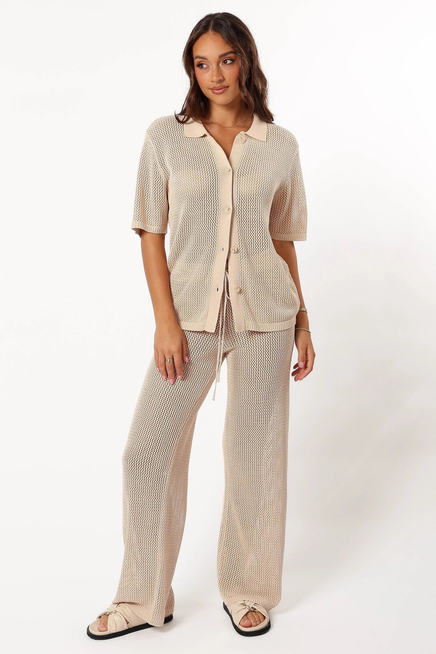 Crochet-Detail High-Waist Wide-Leg Pants