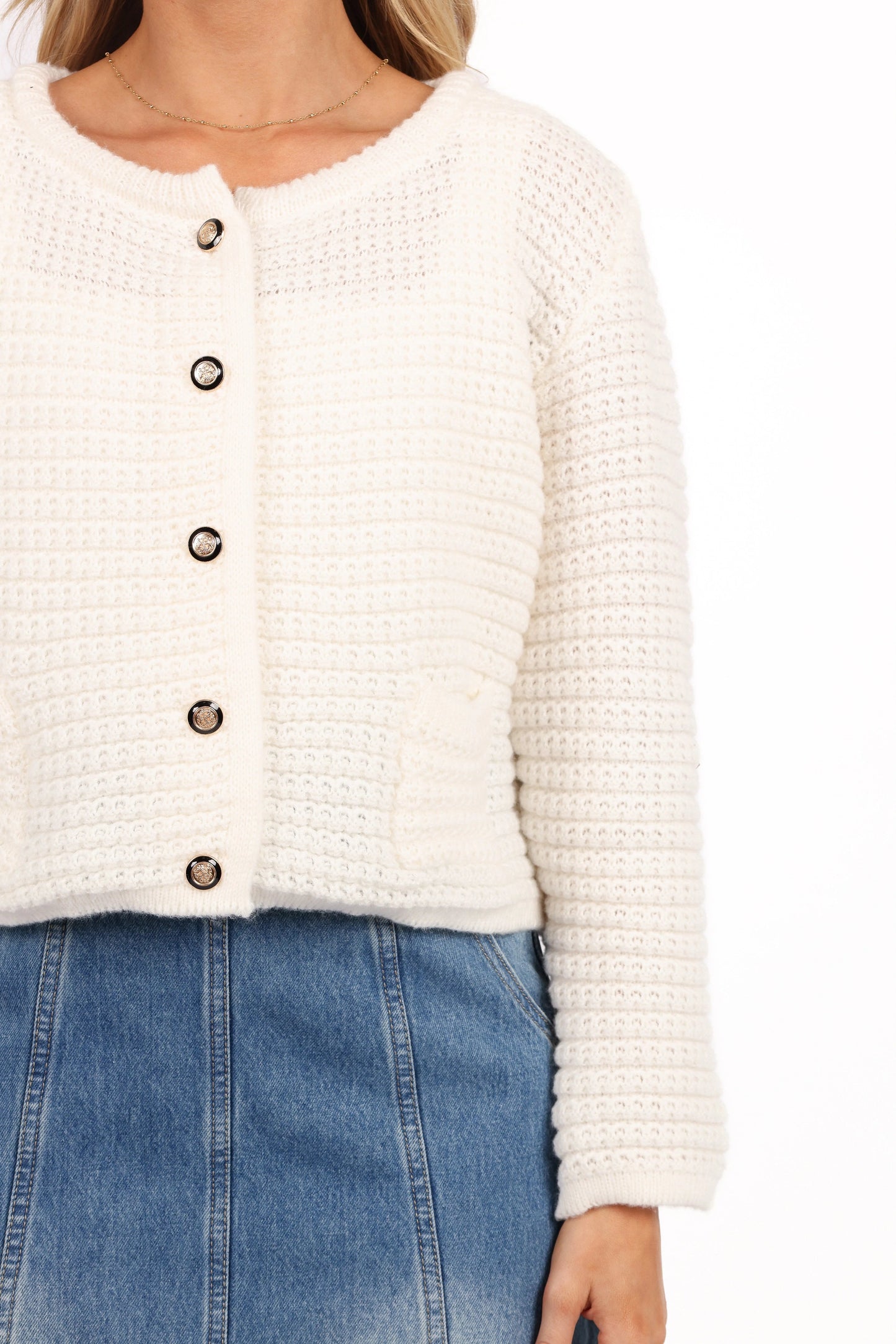 Gold-Button Crochet-Textured Cardigan