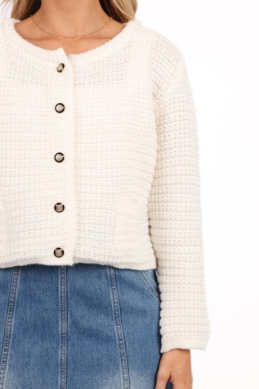 Gold-Button Crochet-Textured Cardigan