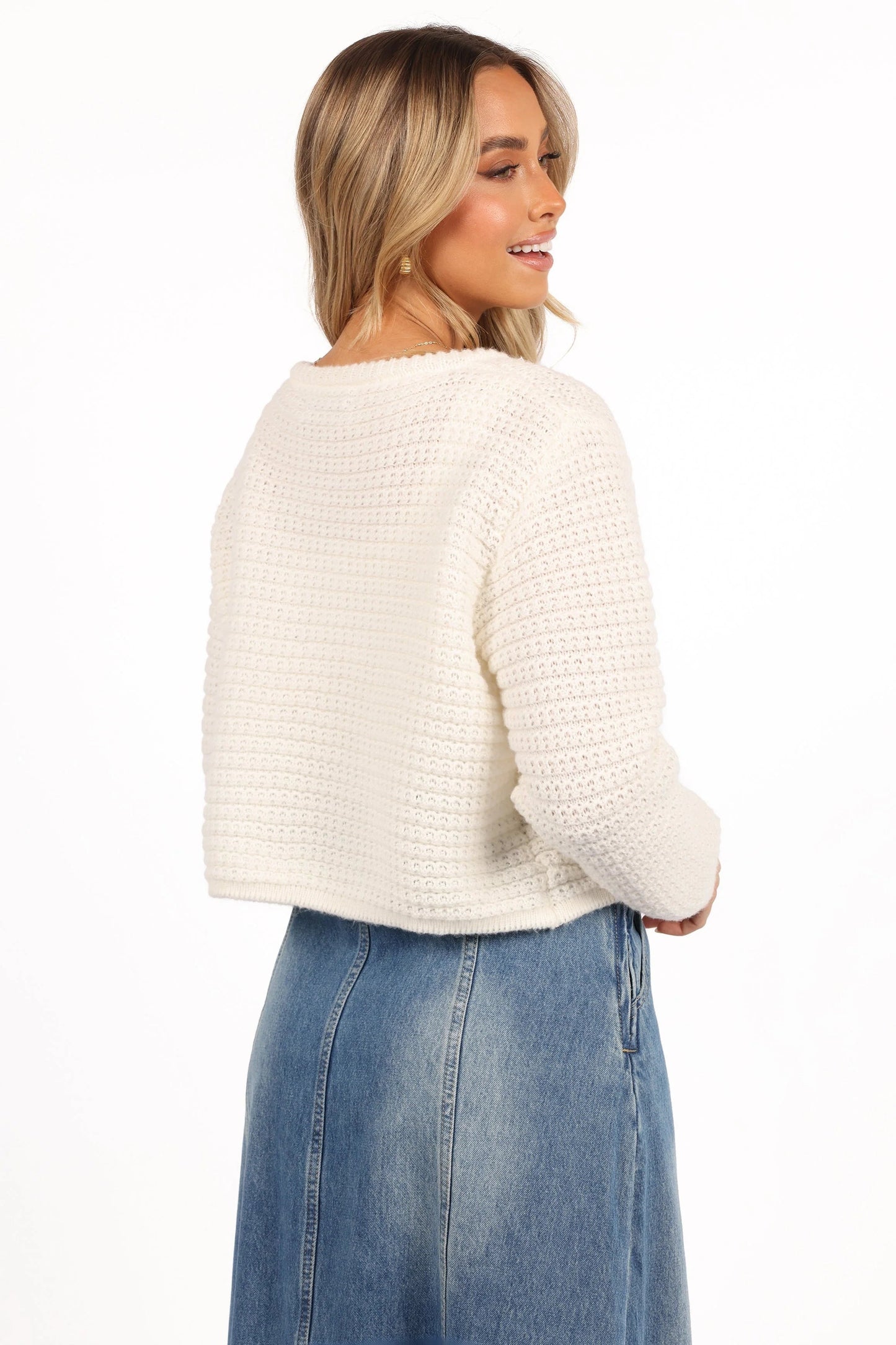 Gold-Button Crochet-Textured Cardigan