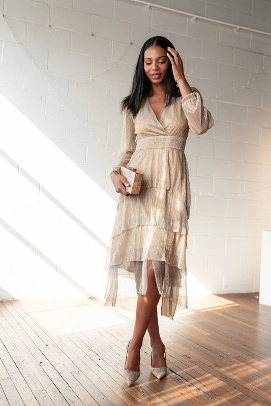 Metallic Plissé Tiered Midi Dress