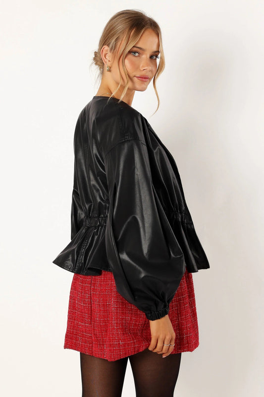 Puff-Sleeve Faux Leather Peplum Jacket
