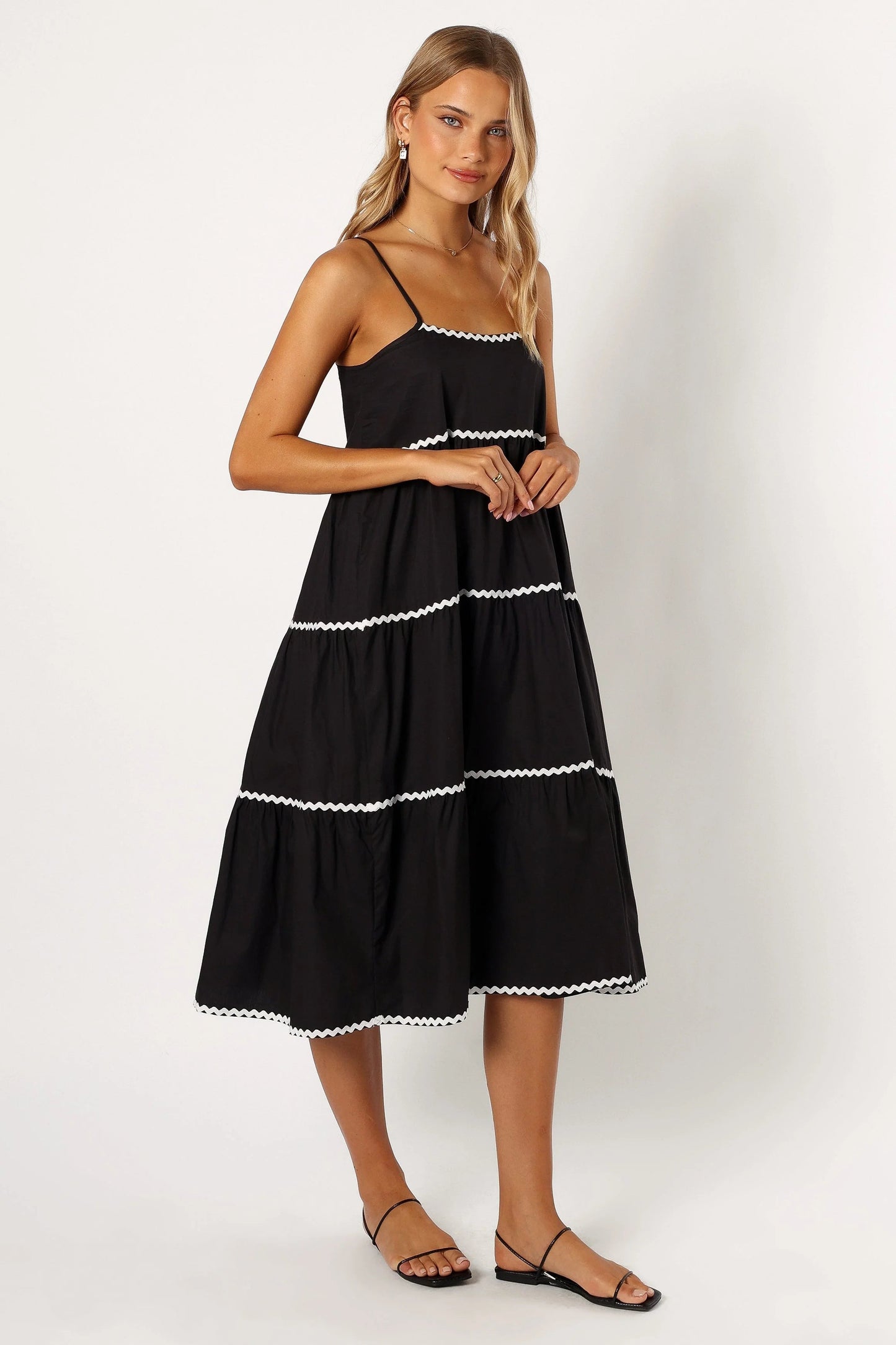 Ric-Rac Trim Pull-On Cotton Midi Dress