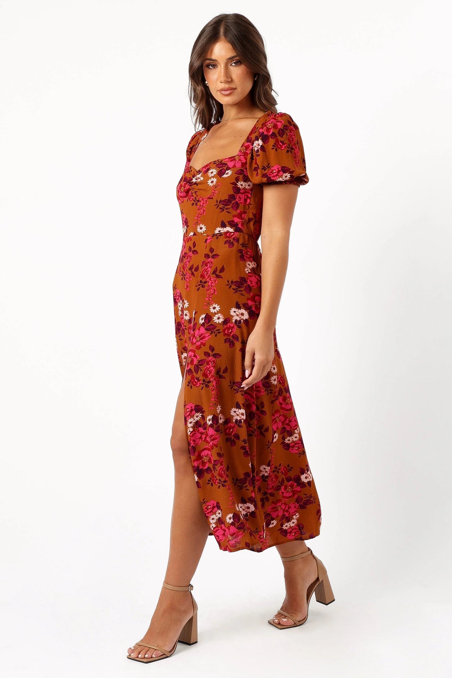 Ruched-Bust Sweetheart Midi in Floral Print