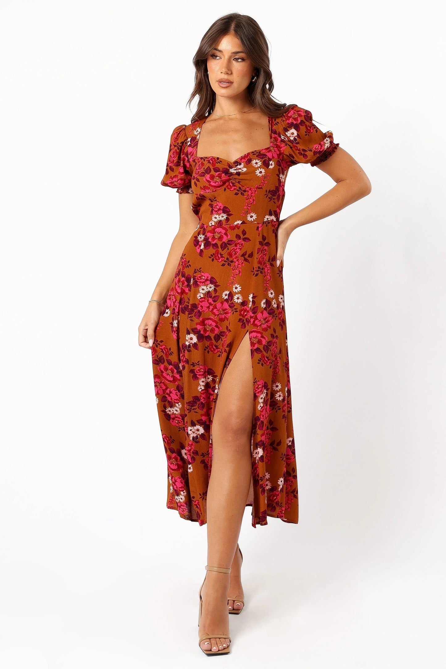 Ruched-Bust Sweetheart Midi in Floral Print