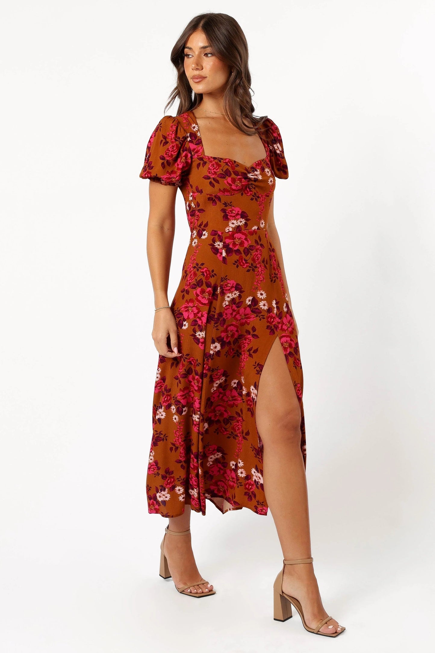 Ruched-Bust Sweetheart Midi in Floral Print