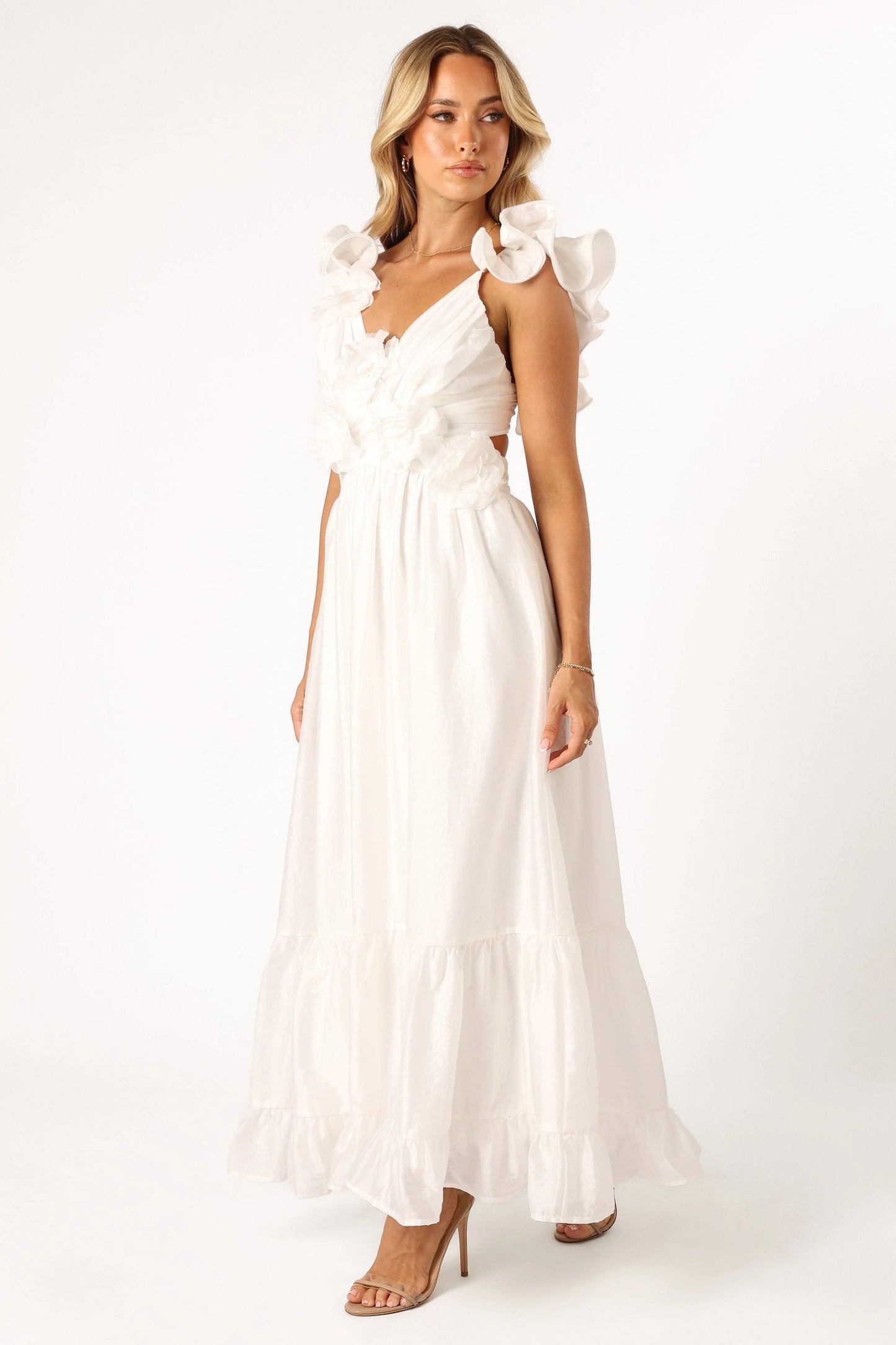 Ruffle-Strap V-Neck Midi Dress