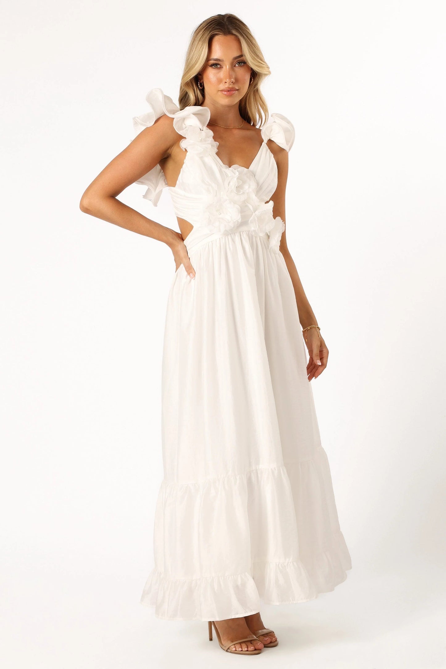 Ruffle-Strap V-Neck Midi Dress
