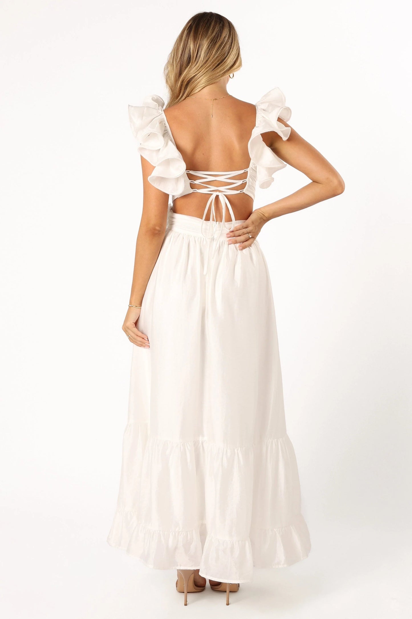 Ruffle-Strap V-Neck Midi Dress