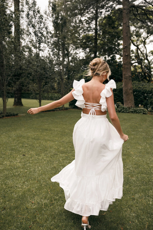 Ruffle-Strap V-Neck Midi Dress