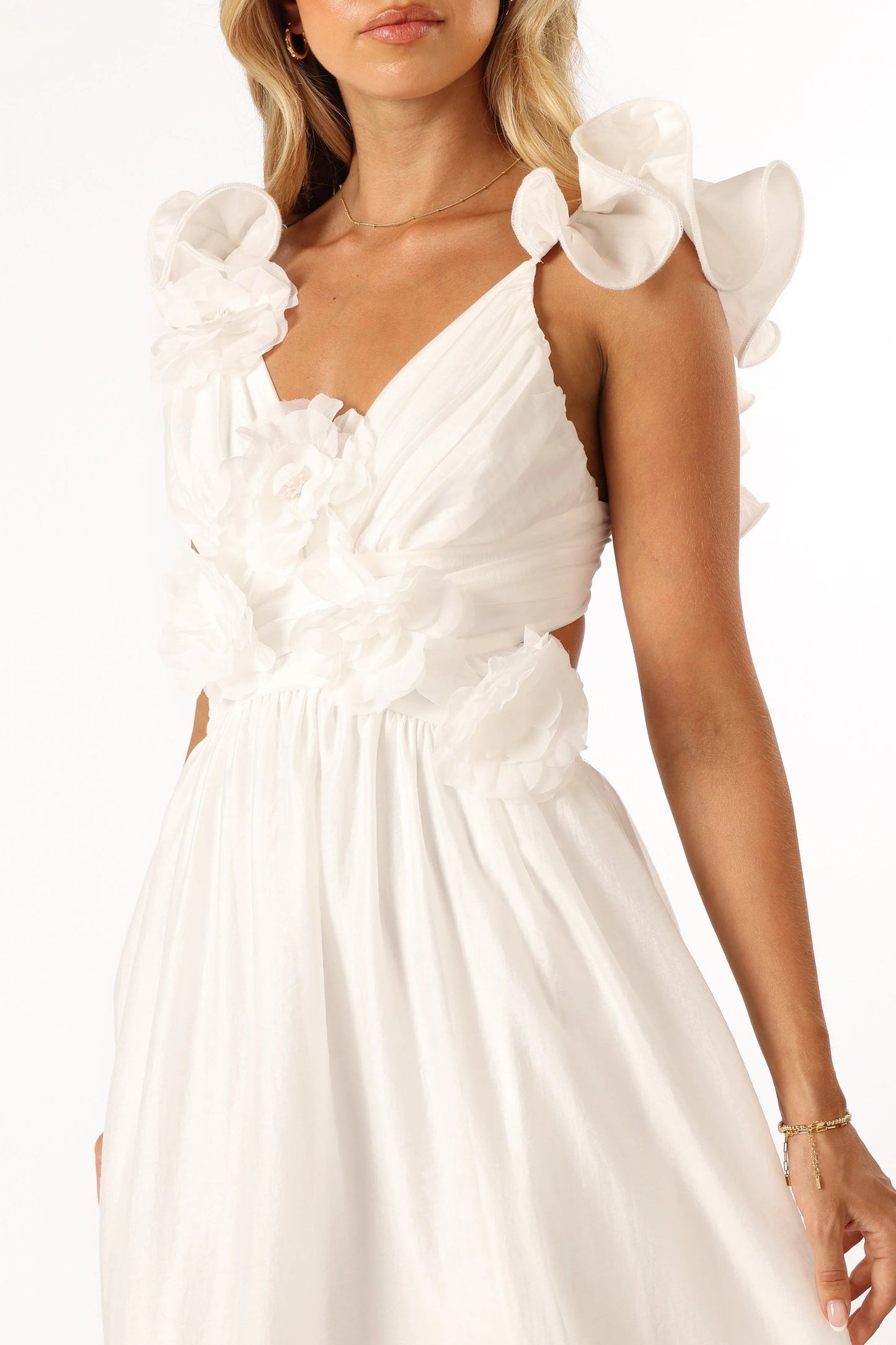 Ruffle-Strap V-Neck Midi Dress