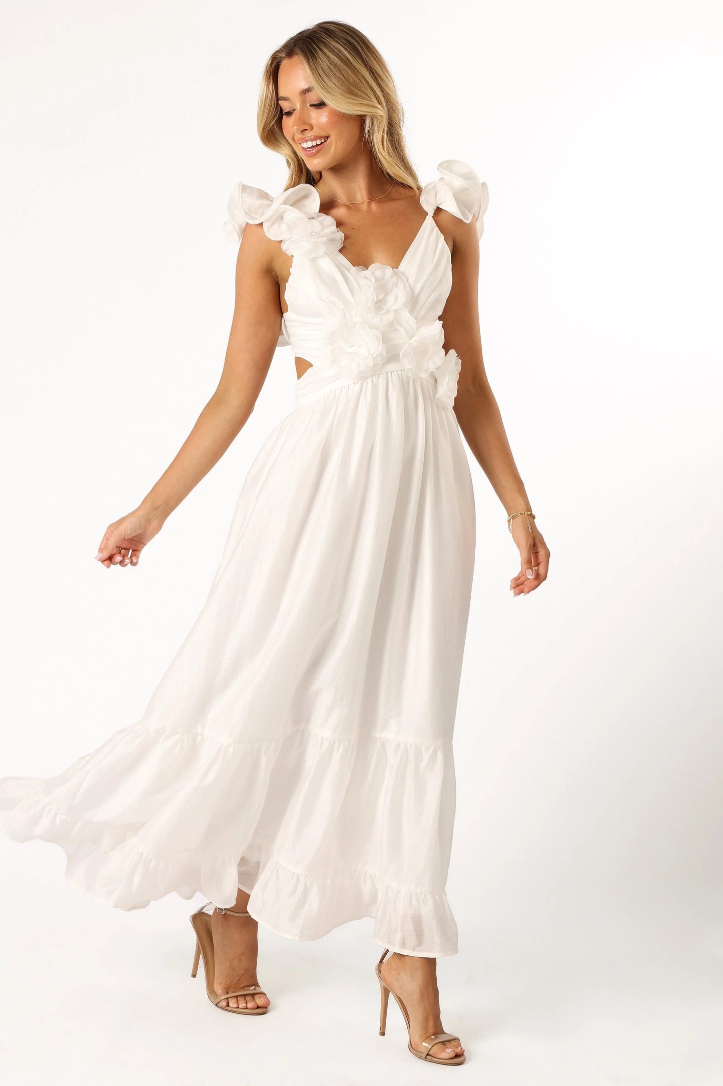 Ruffle-Strap V-Neck Midi Dress