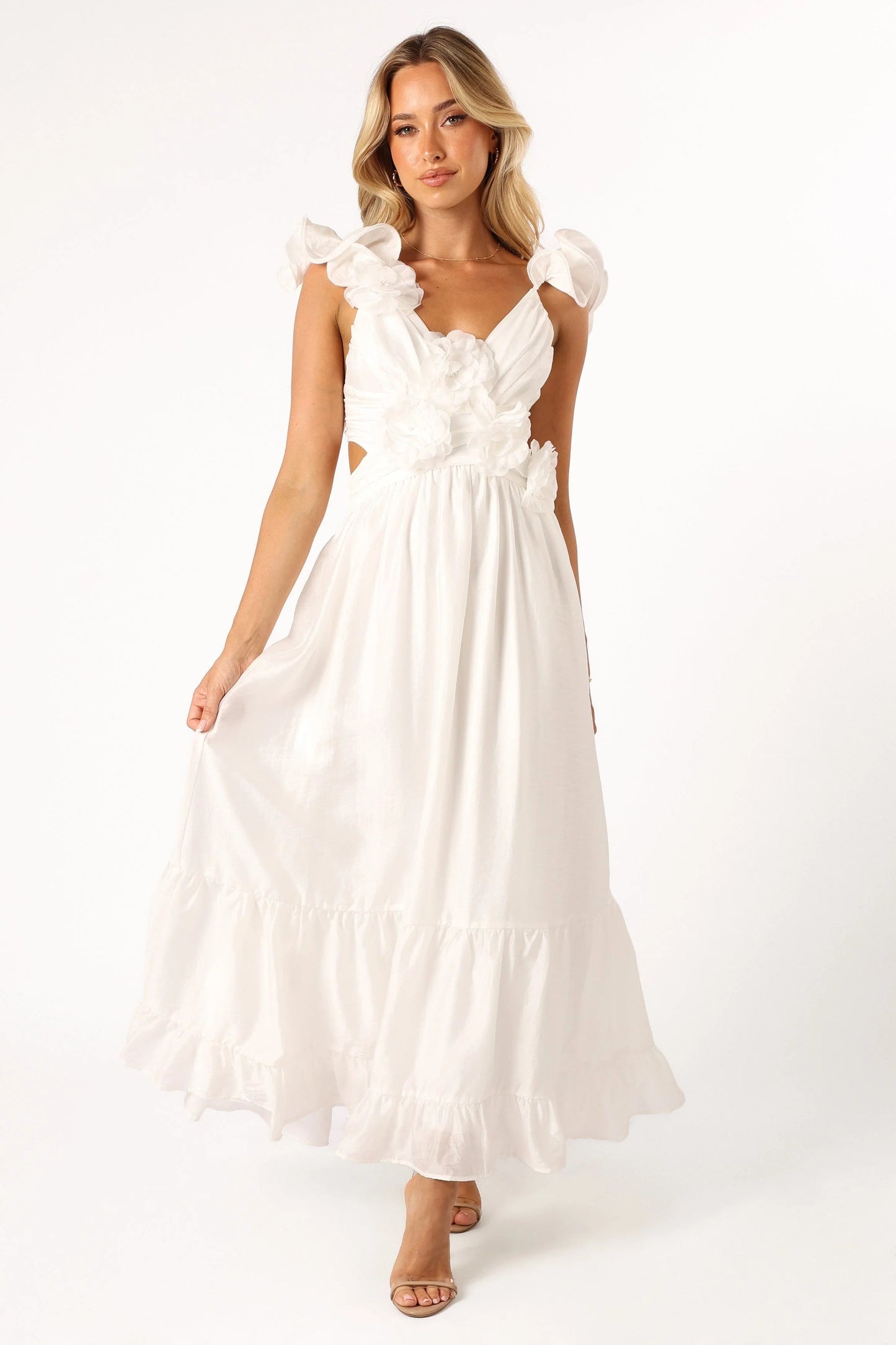 Ruffle-Strap V-Neck Midi Dress