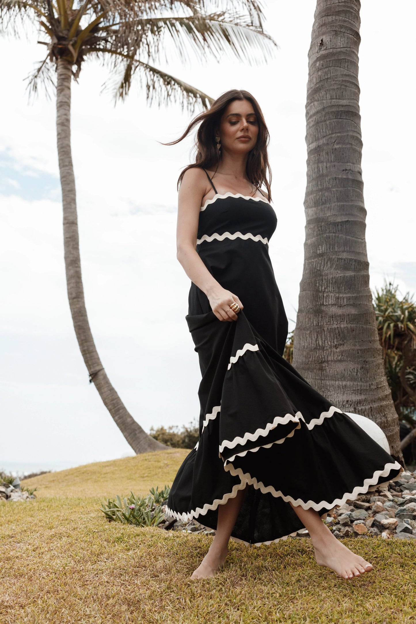 Shirred-Back Straight-Neck Maxi Dress