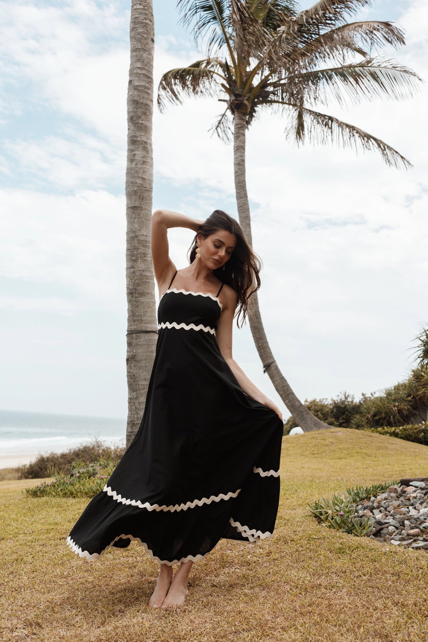 Shirred-Back Straight-Neck Maxi Dress
