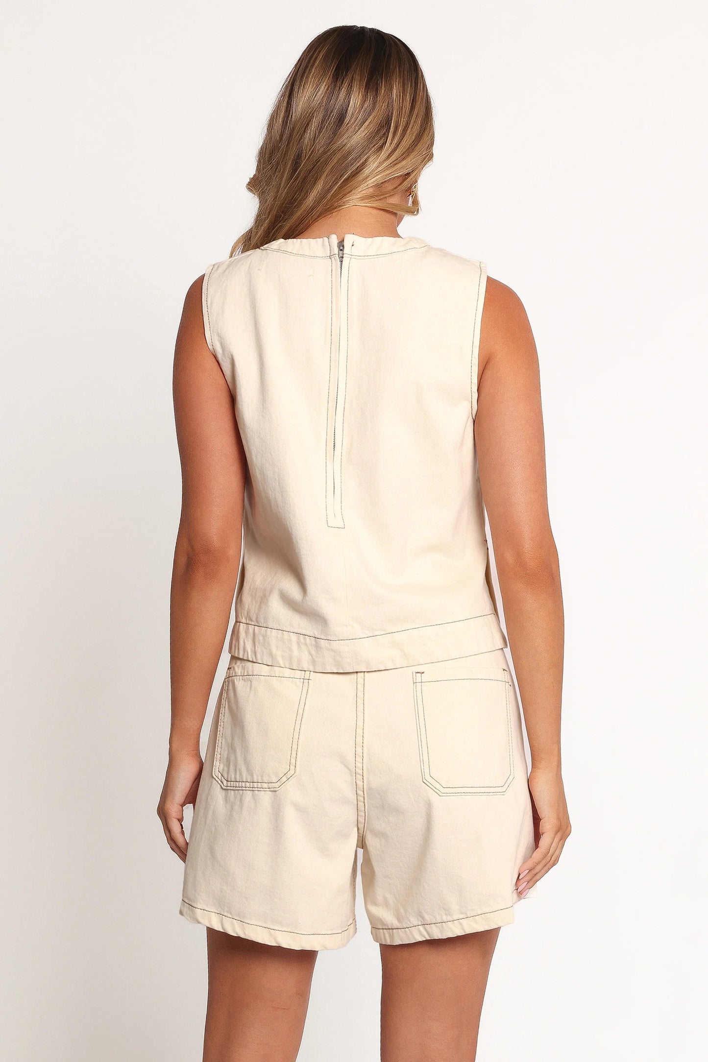 Sleeveless Ecru Cotton Zip-Back Top