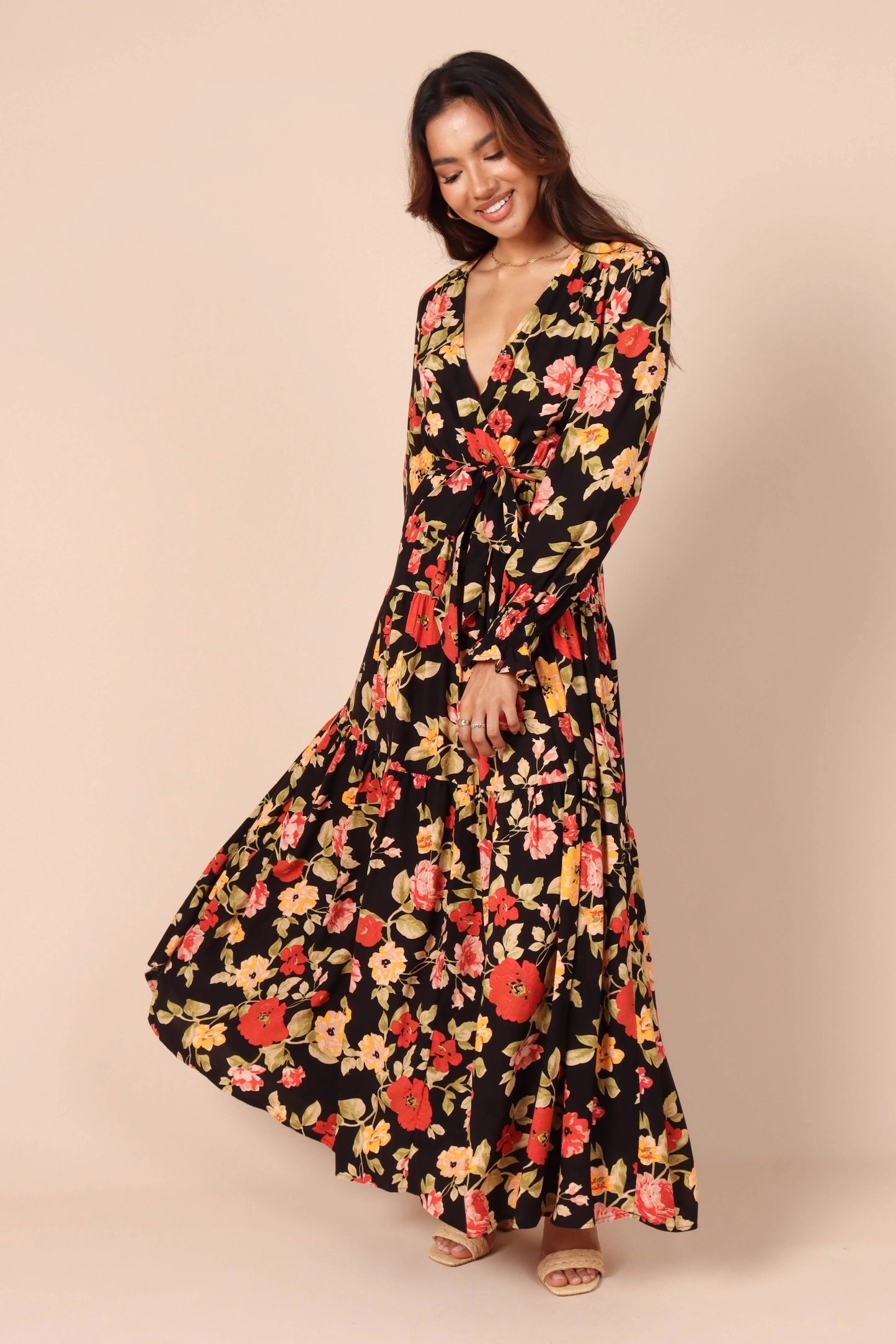 Snap-Front Tiered A-Line Maxi Dress