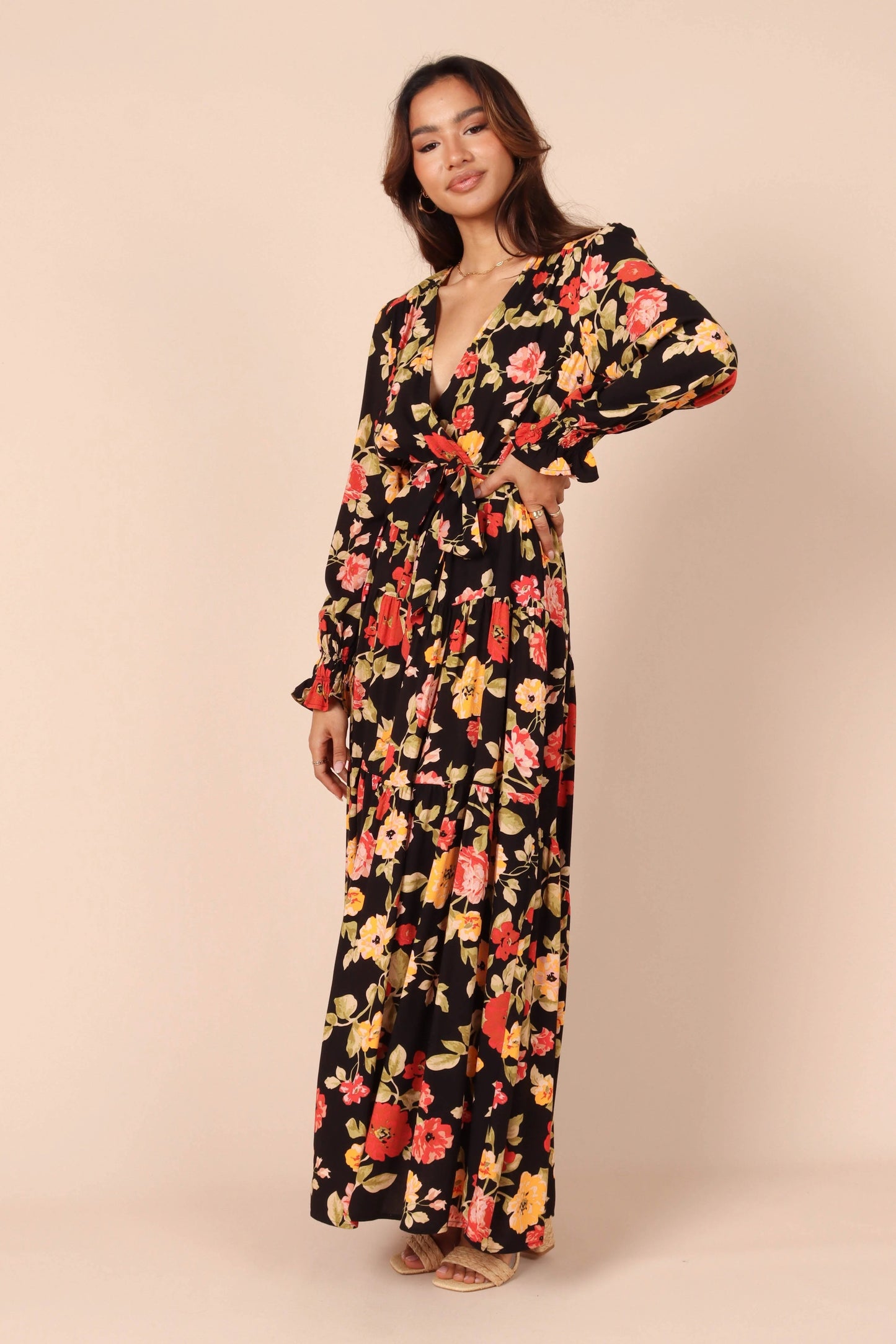 Snap-Front Tiered A-Line Maxi Dress