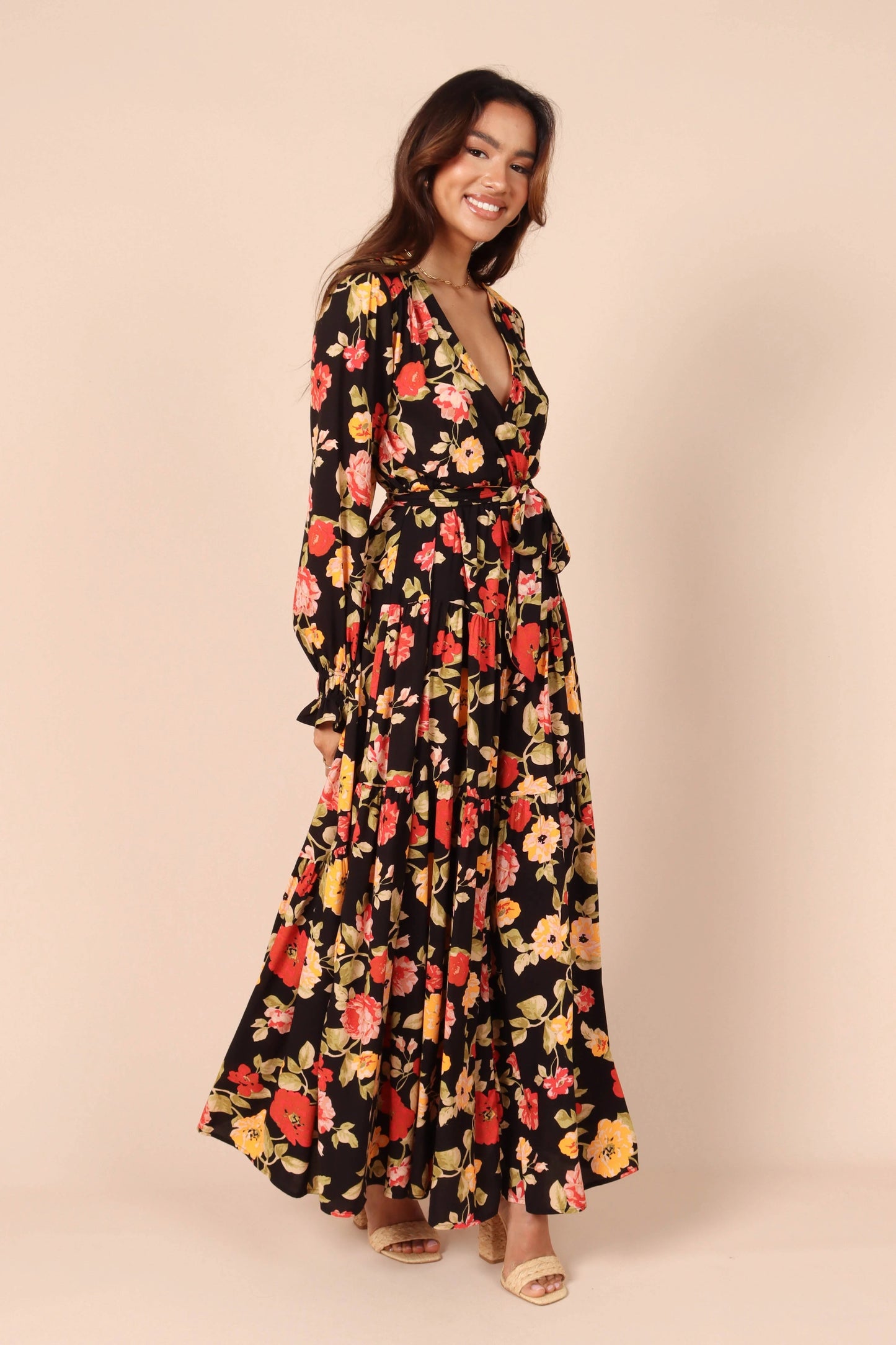 Snap-Front Tiered A-Line Maxi Dress