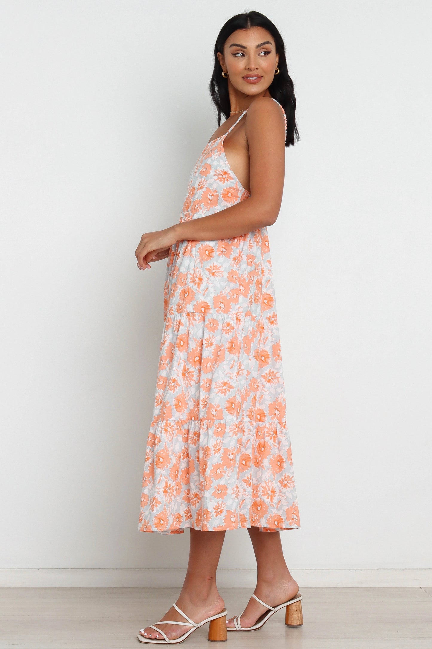 Square-Neck Tiered Panel Floral Midi Dress