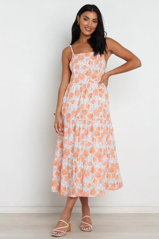Square-Neck Tiered Panel Floral Midi Dress