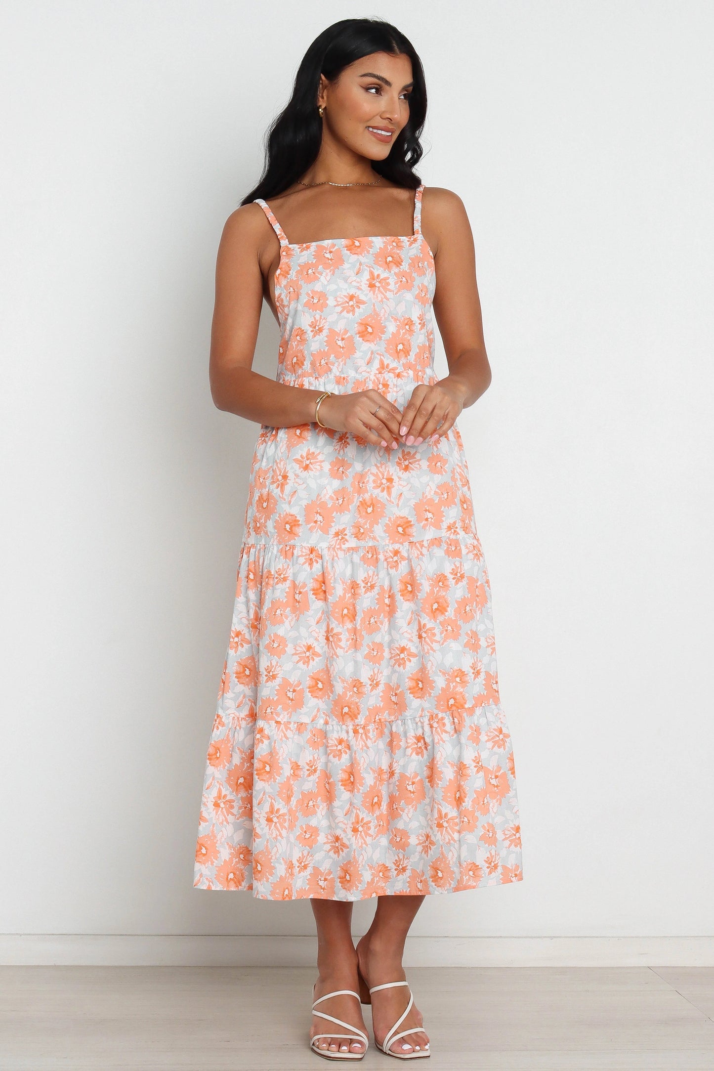 Square-Neck Tiered Panel Floral Midi Dress