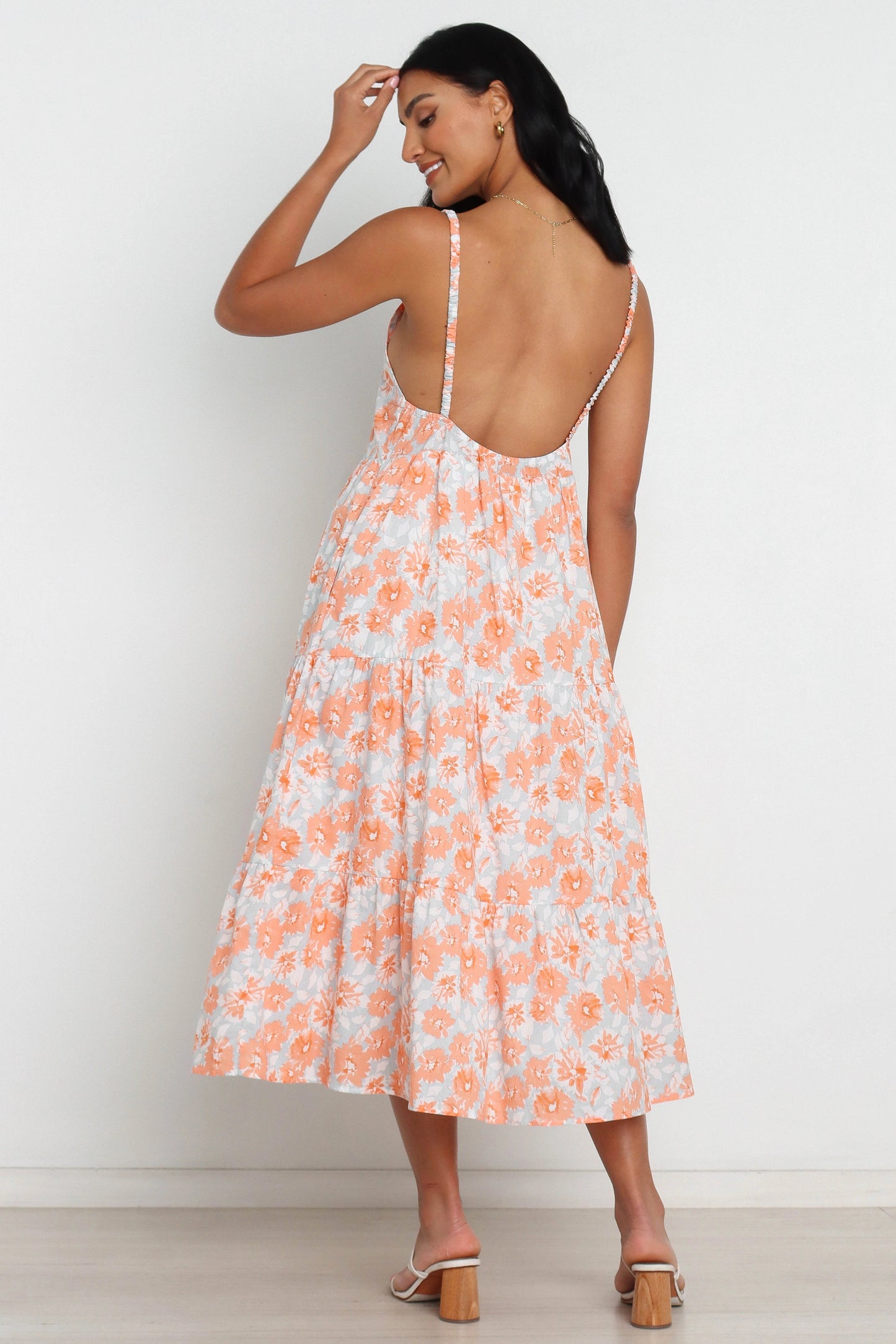 Square-Neck Tiered Panel Floral Midi Dress