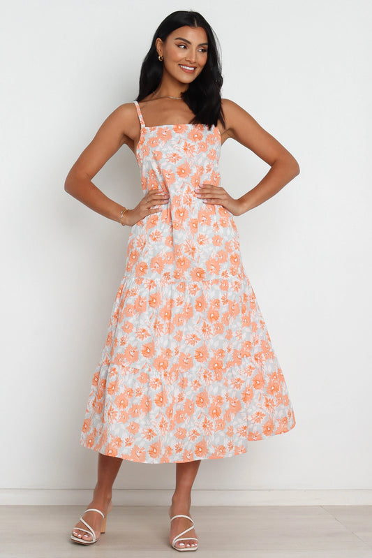 Square-Neck Tiered Panel Floral Midi Dress