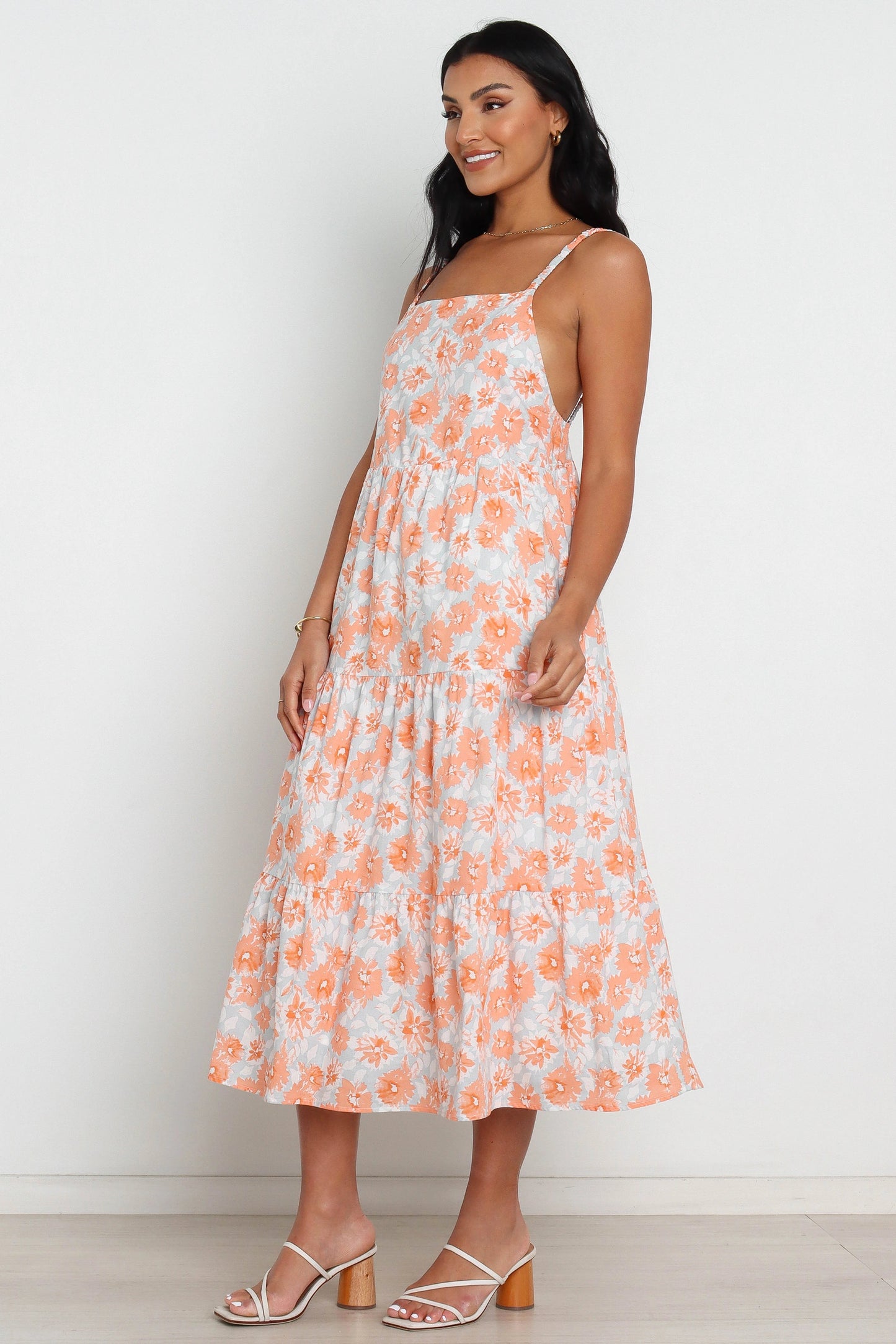 Square-Neck Tiered Panel Floral Midi Dress