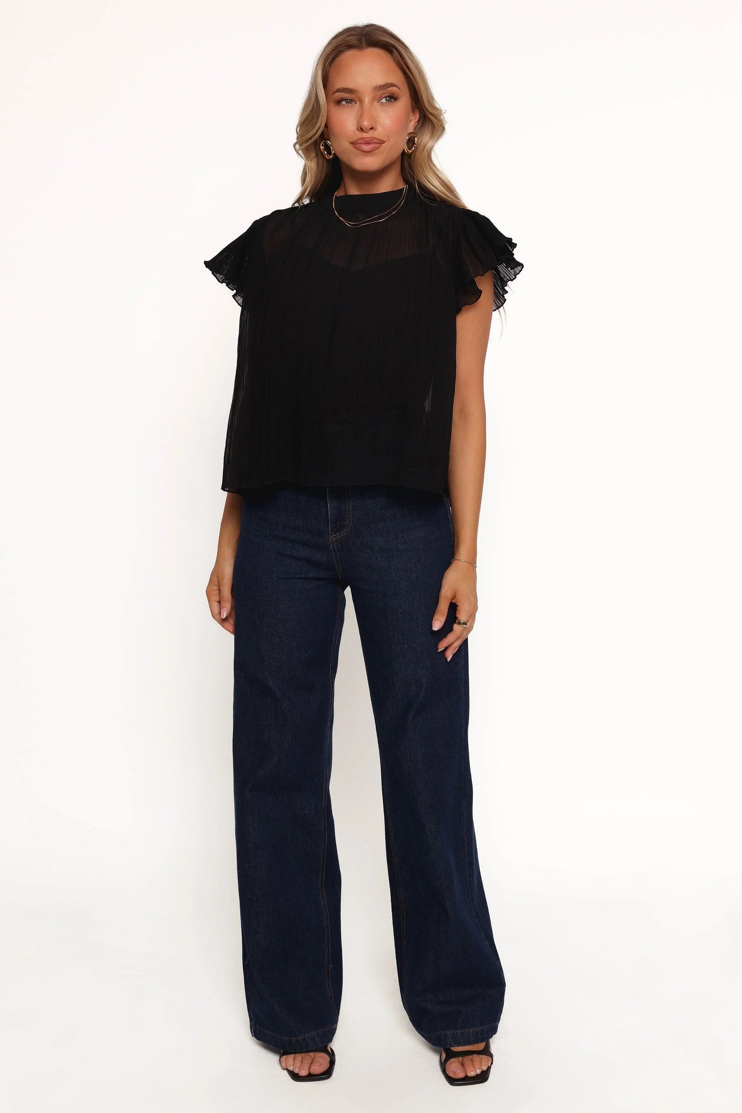 Tie-Neck Pleated Flutter-Sleeve Top