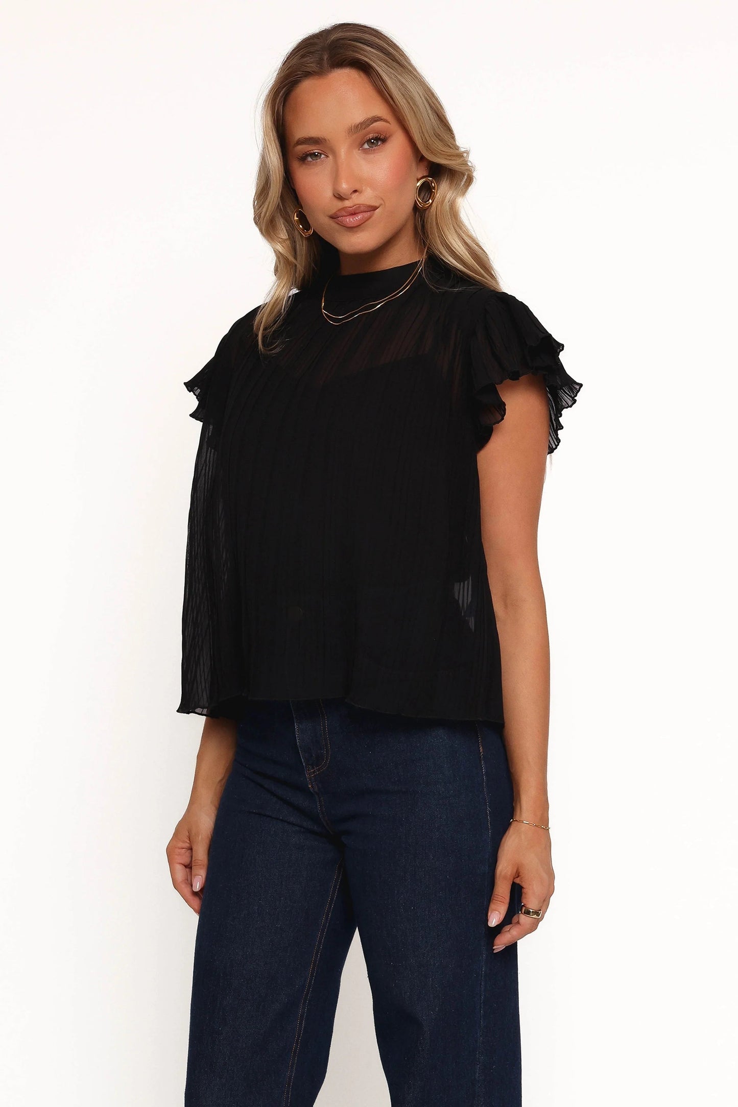 Tie-Neck Pleated Flutter-Sleeve Top