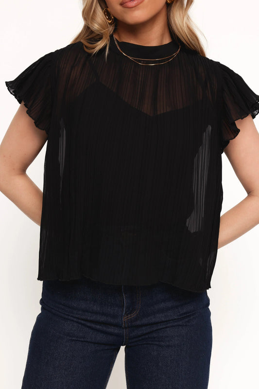 Tie-Neck Pleated Flutter-Sleeve Top