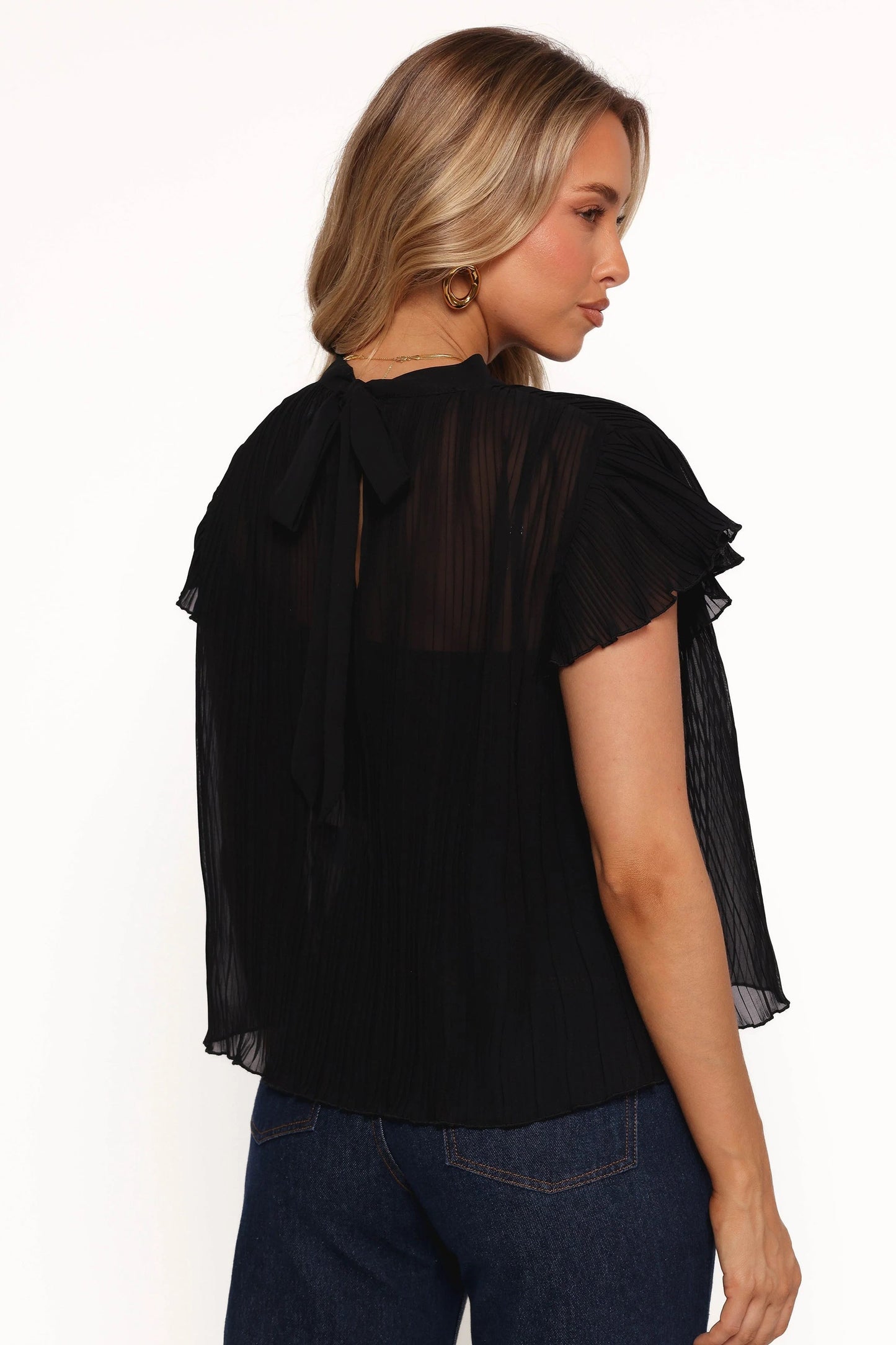 Tie-Neck Pleated Flutter-Sleeve Top