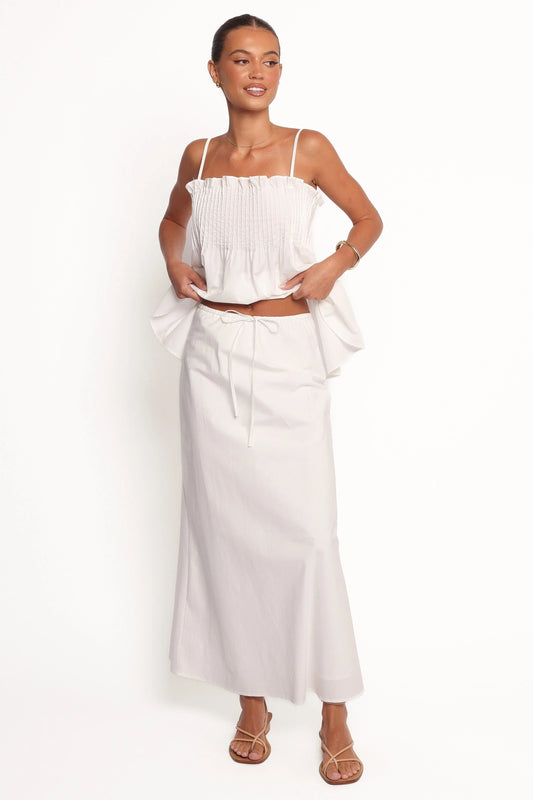 White Cotton Drawstring Maxi Skirt