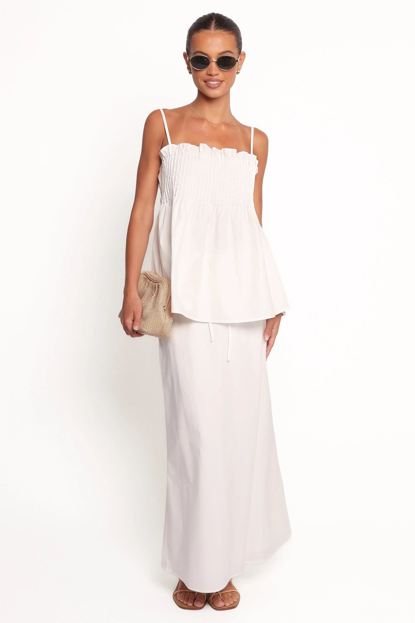 White Cotton Drawstring Maxi Skirt