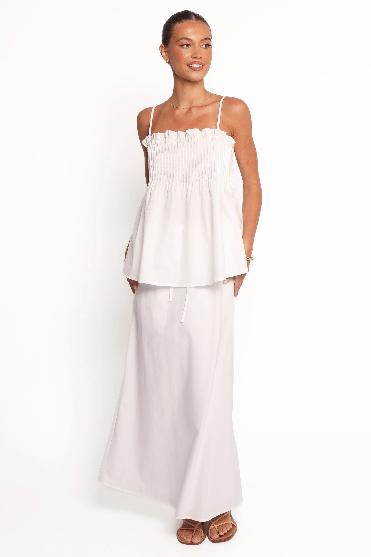White Cotton Drawstring Maxi Skirt